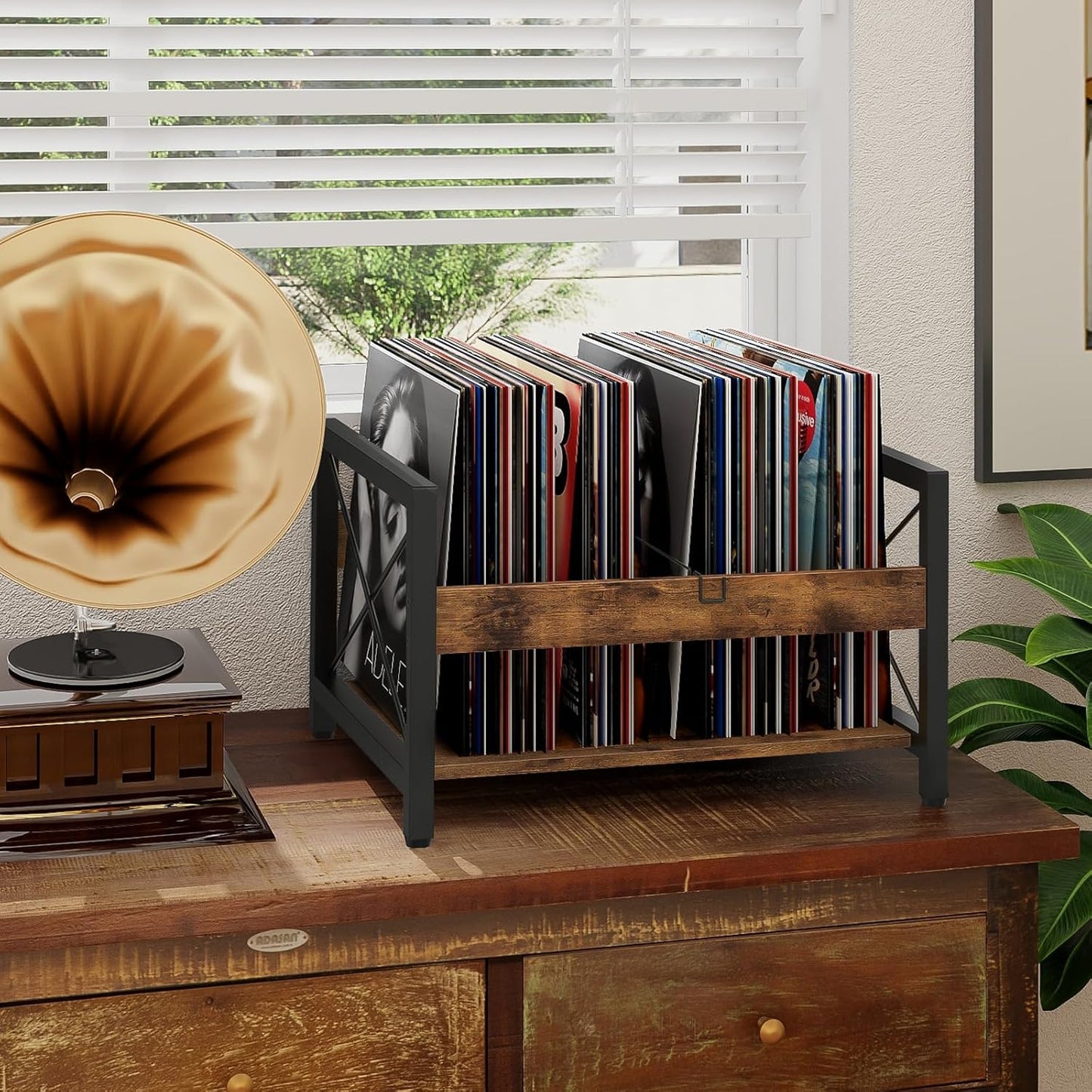 Vinyl Record Holder, Wooden Record Crate Fits 7” -12” Records, Vinyl Shelf Holds up to 50-100 Albums, Dvds, Cds or Files Wood Book Storage Stand Desktop Organizer Box, Rustic Brown