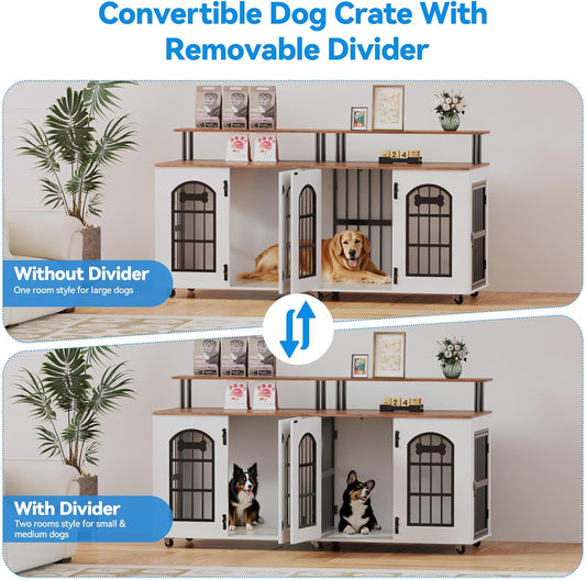 63" Dog Crate Furniture for 2 Dogs, XL Large Indoor Wooden Dog Kennel with Divider, 6 Lockable Wheels & Storage, Heavy Duty Modern Decorative Double Dog Cage TV Stand for Medium/Large Breed
