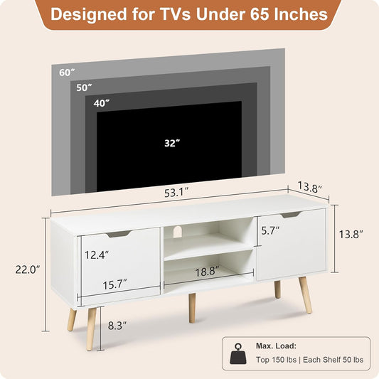White TV Stand for 50 55 60 Inch Tvs - Media Console with 2 Cabinets & Open Shelves, Solid Wood Legs - TV Consoles for Living Room - 22" H Entertainment Center for Bedroom