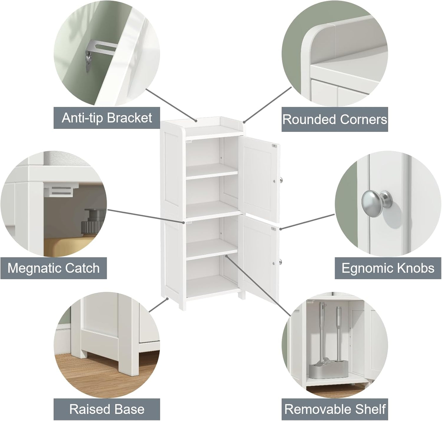 Small Bathroom Storage Cabinet, 30" Tall Freestanding Corner Floor Cabinet with opposite Doors & 5 Shelves (2 Adjustable), Narrow Toilet Paper Holder Organizer for Small Spaces, White