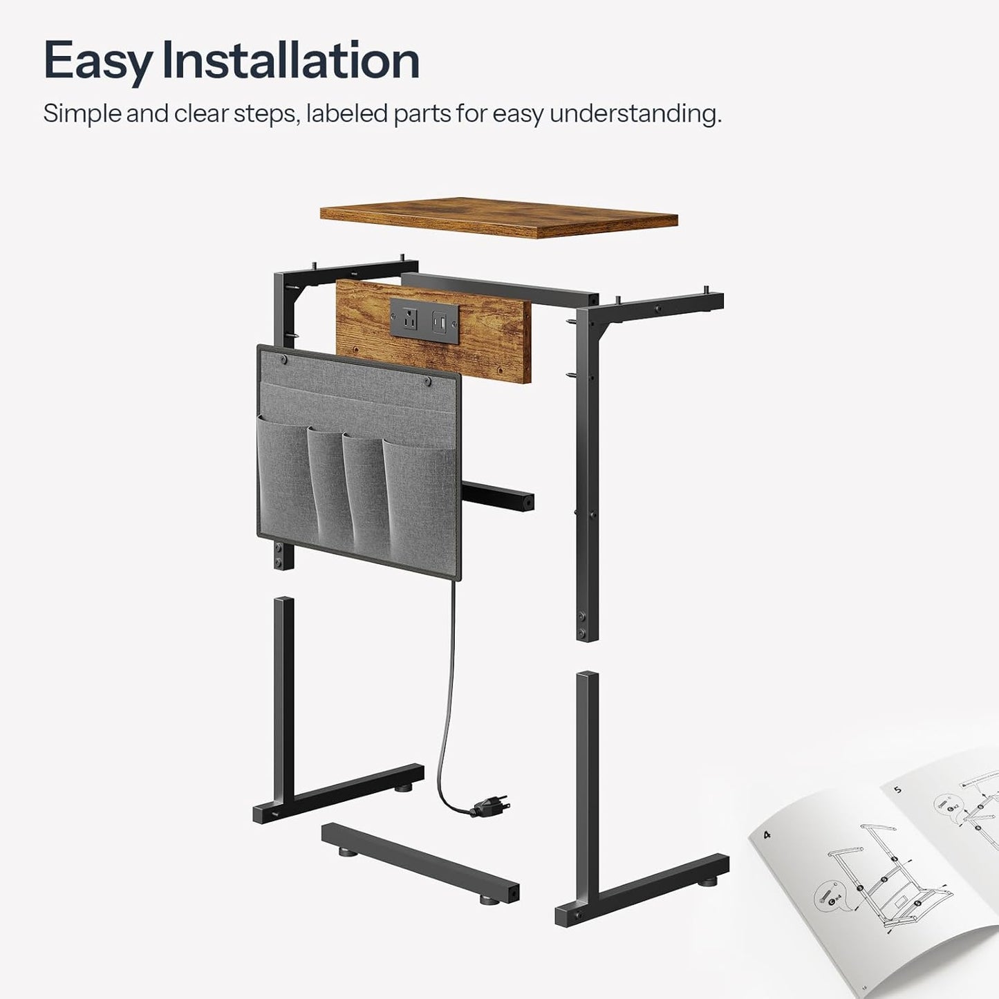 C Shaped End Table with Charging Station, 28" H Couch Side Table Slide Under, Sofa Arm Tray Table with Storage Bag for Living Room, Recliner, Rustic Brown BF70USF01