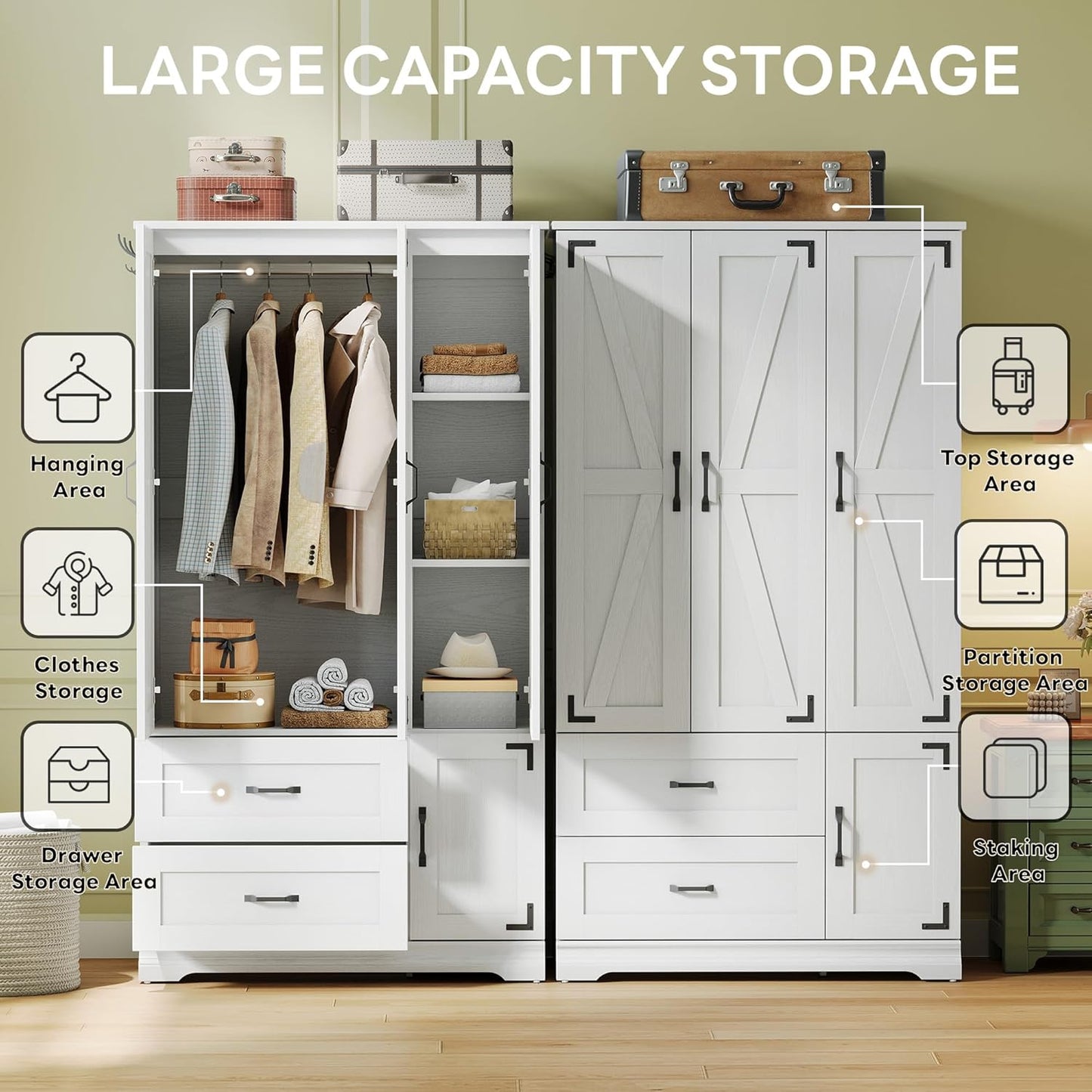 Armoire Wardrobe Closet 71" H, Bedroom Wooden Wardrobe with 4 Doors and 2 Drawers, Farmhouse Clothing Storage Cabinet Combination with Hanging Rod, Shelves, and Hooks, White