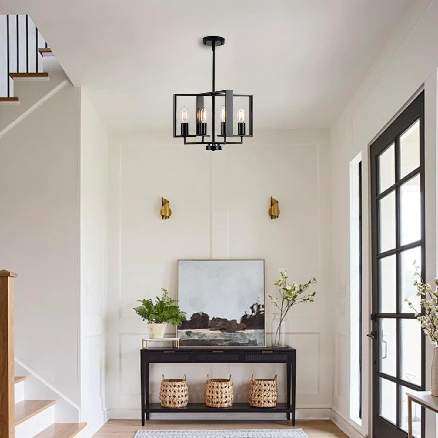 Modern Chandeliers for Dining Room, Black Farmhouse Chandelier, 4 Lights Industrial Pendant Light Fixture Adjustable Hanging Lights for Living Room Entryway Kitchen (Black, 16.14"【4 Lights】)