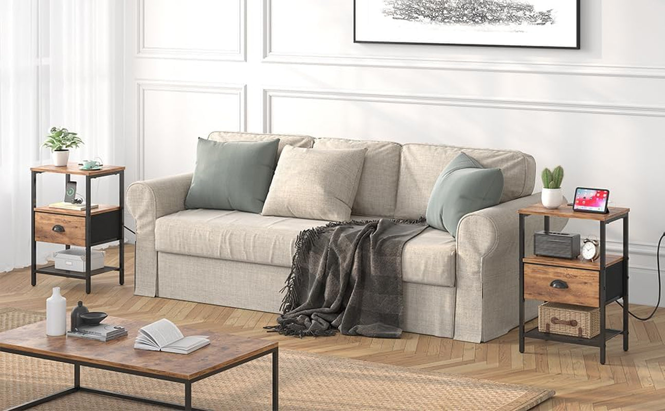 Nightstands Set of 2, Night Stands with Charging Station and Fabric Drawer, Bedside Tables with Storage, 2- Tier Side Table with Open Shelf, Nightstands with Charging Station,Rustic Brown