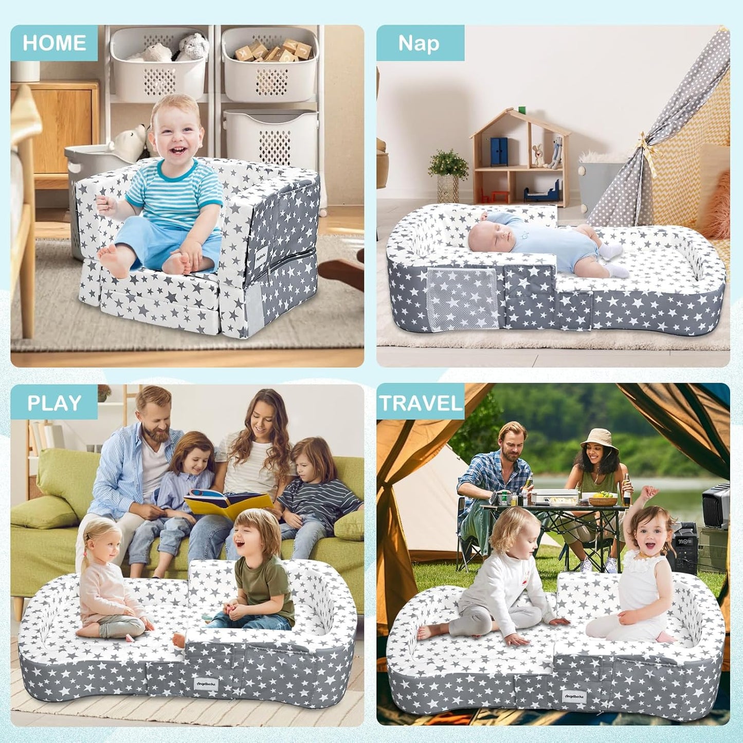 Stars pattern 2-in-1 portable toddler travel bed and chair, view 9