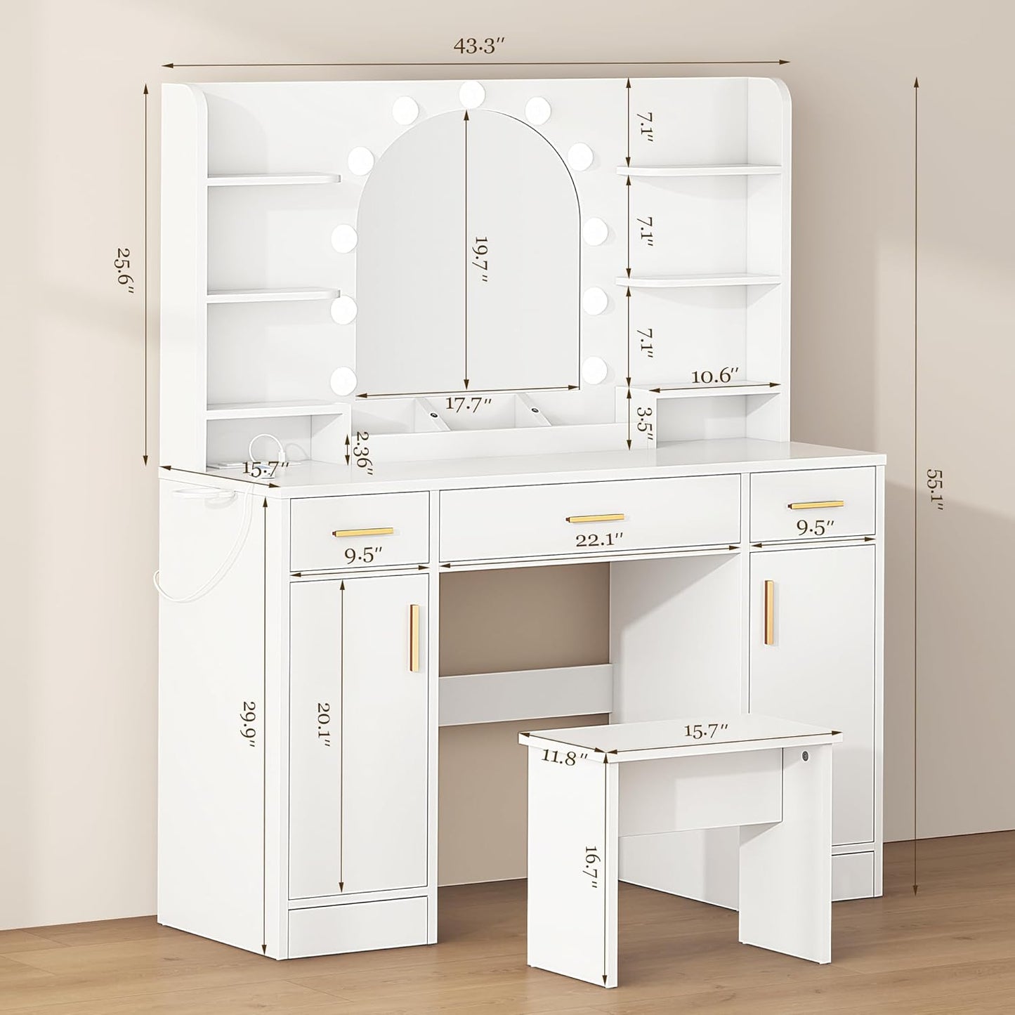 Vanity Desk with Mirror and 11 LED Lights, 43'' Makeup Vanity Table with Power Outlet & Chair, Dressing Table with 3 Drawers, 2 Cabinets and 6 Open Shelfs for Bedroom, White