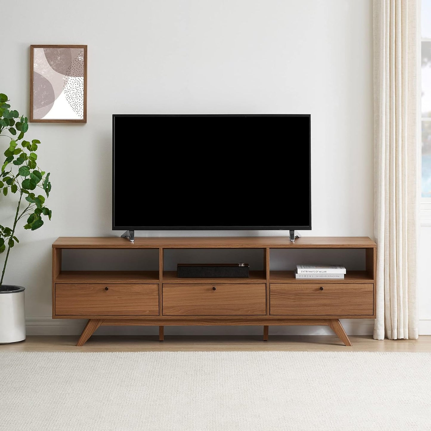 Kimi Mid Century Modern Minimalist Drop-Down Door Stand for Tvs up to 85 Inches, 70 Inch, Mocha