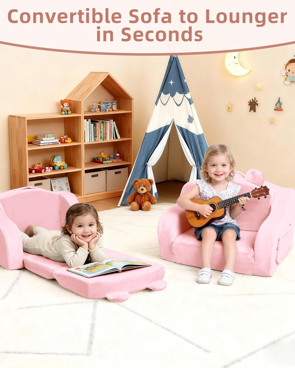 Kids Couch,Toddler Chairs Comfy 1-3 Years Old, 2-In-1 Soft Toddler Couches Fold Out,Convertible Sofa to Lounger for Girls and Boys,Cuddly Kids Floor Furniture for Playroom,Pink Bear