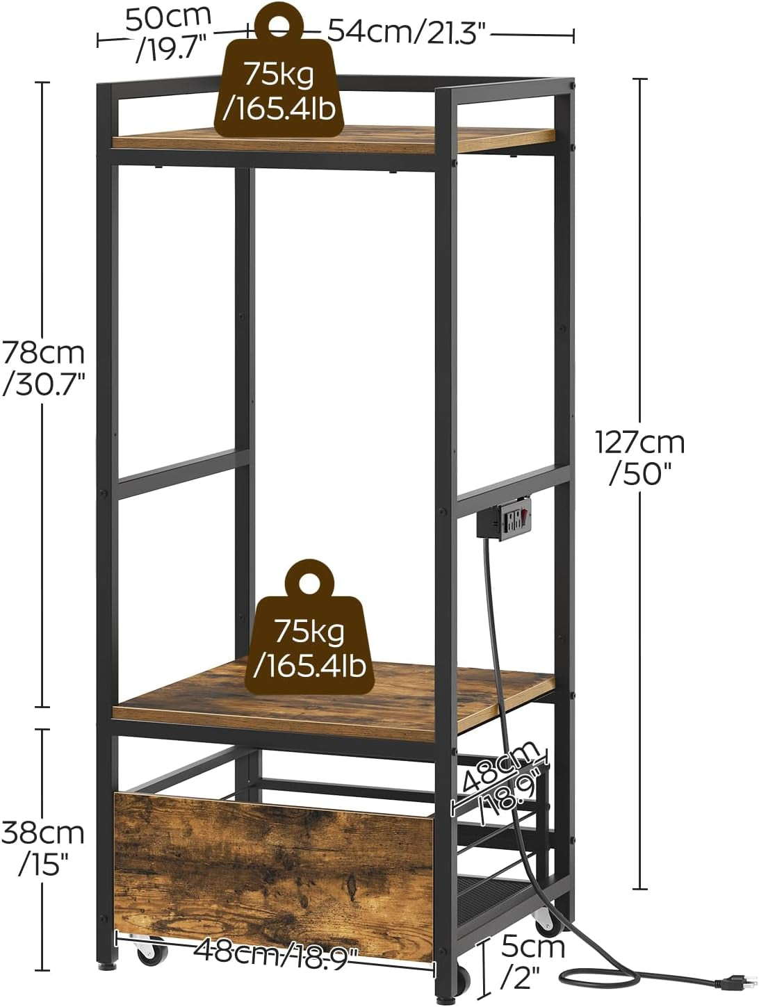 Mini Fridge Stand with Movable Drawer, Microwave Stand with Power Outlet, Mini Fridge Shelf with Adjustable Shelves, Kitchen Bakers Rack for Dorm, Dining Room, Home, Rustic Brown HB05UBR
