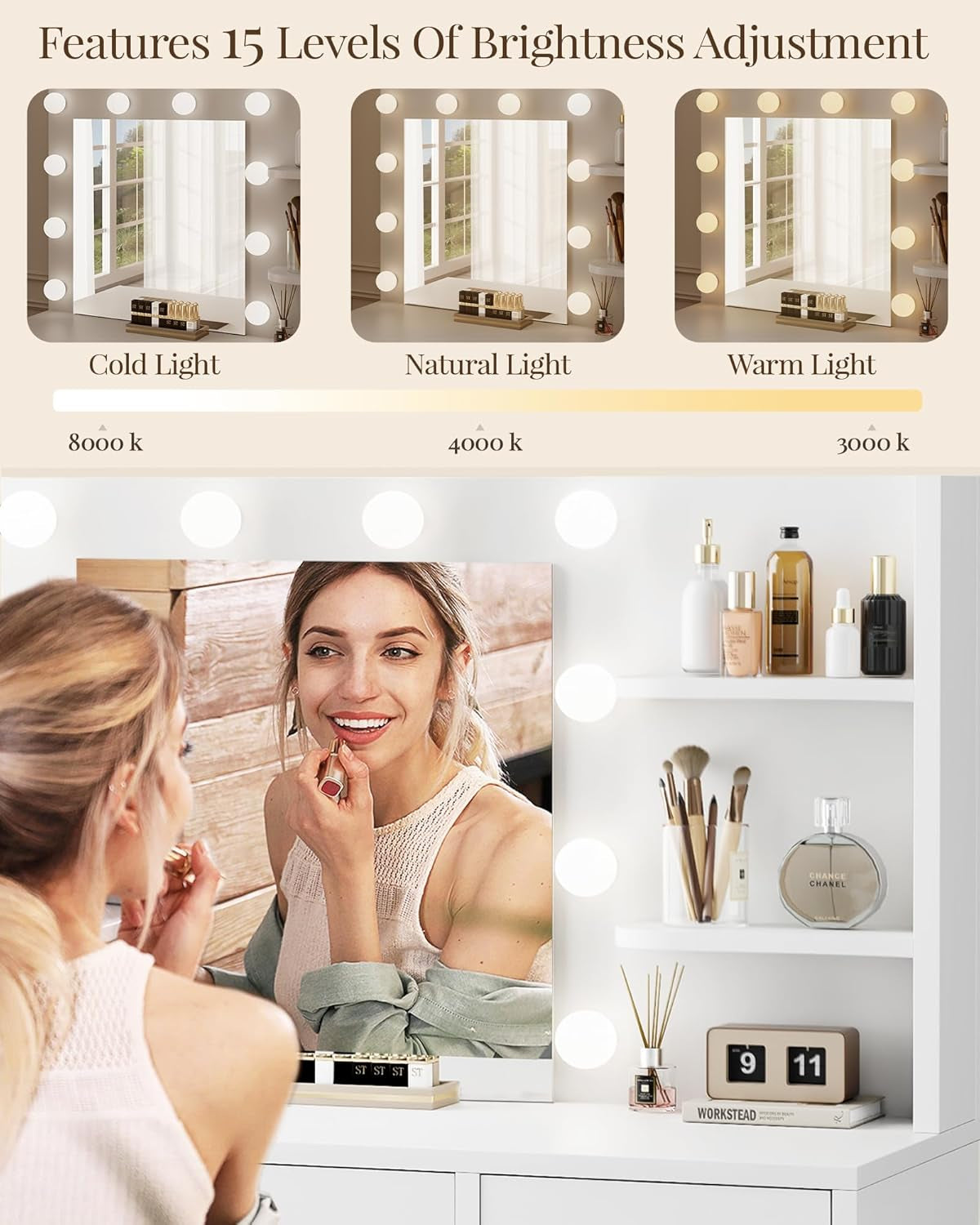 Lighted Makeup Vanity Desk, 35.4“W X 15.7'”D X 54“H, White (With Lights and Mirror, Dimming Function, 2 Drawers and 1 Cabiniet, Open Shelves) by Boahaus