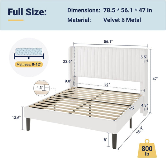 Full Size Velvet Bed Frame/Vertical Channel Tufted Wingback Headboard/Upholstered Platform Bed/Strong Wooden Slats/No Box Spring Needed/Easy Assembly/White
