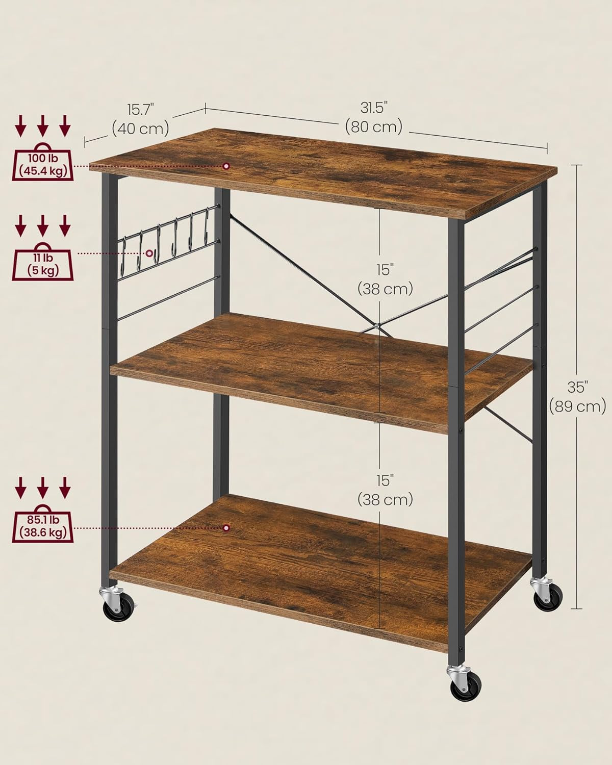 Kitchen Shelf on Wheels, Serving Cart with 3 Shelves, Kitchen Cart, Microwave Shelf, for Mini Oven, Toaster, with 6 Hooks, Industrial Style, Rustic Brown and Black UKKS067K01