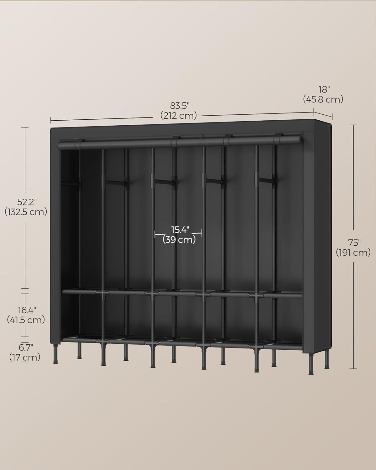 Wardrobe Closet, 83.5 Inch Large Capacity Portable Closet, Clothing Rack, 25 Mm Dia,Thick Steel Tubes, Clothes Organizer with Fabric Cover, 5 Hanging Rails, 10 Shelves, Ink Black URDR095B01