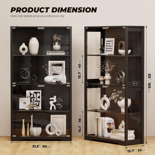 Display Cabinet with Glass Doors, 4-Tier Curio Cabinet with 3 Color Lights for Collectibles, Glass Display Case with Human Body Sensor, Bookcase with 4 Shelves, Storage Cabinets, Black