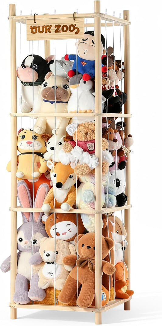 Stuffed Animal Storage, Wooden Zoo Stuffed Animal Holder with Elastic Cords, Space save Toy Organizer, Extra Large Capacit Stuffed Animal Organizer for Playroom, Bedroom, Nursery