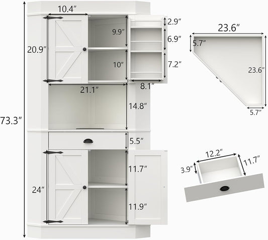 Corner Cabinet with Charging Station,73"Tall Kitchen Pantry Storage Cabinet with Drawer,Freestanding Kitchen Pantry Cabinets with Doors and Shelves,Farmhouse Food Hutch for Dining Room,Kitchens(White)