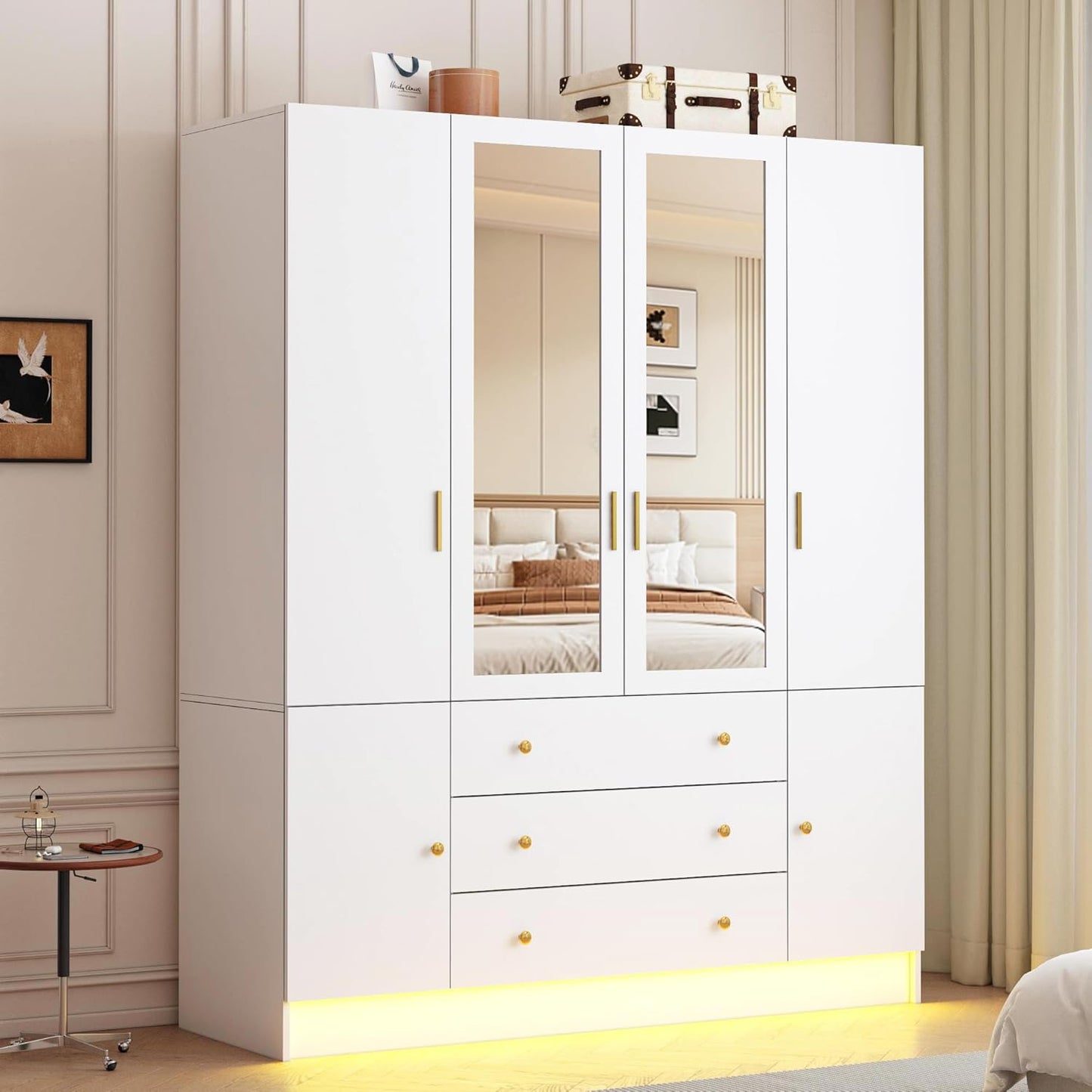 75" Tall 4 Doors Armoire Wardrobe Closet with 3 Drawers, Wooden Wardrobe Cabinet with LED Lights & Mirror, Freestanding Clothing Storage Cabinet with Hanging Rod, Adjustable Shelves