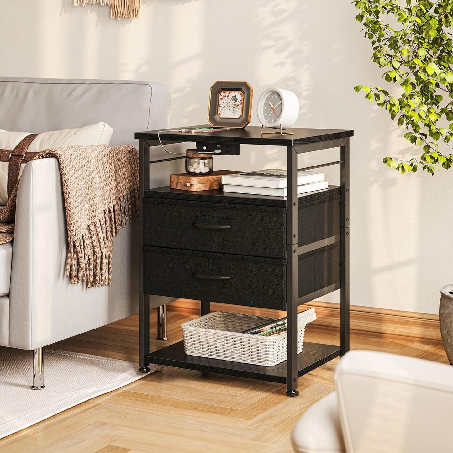 Night Stand with Charging Station, End Table for Bedroom Tall Nightstand with Drawers, Small Nightstand for Bedroom, 4 Tier Storage Bedside Table, Black