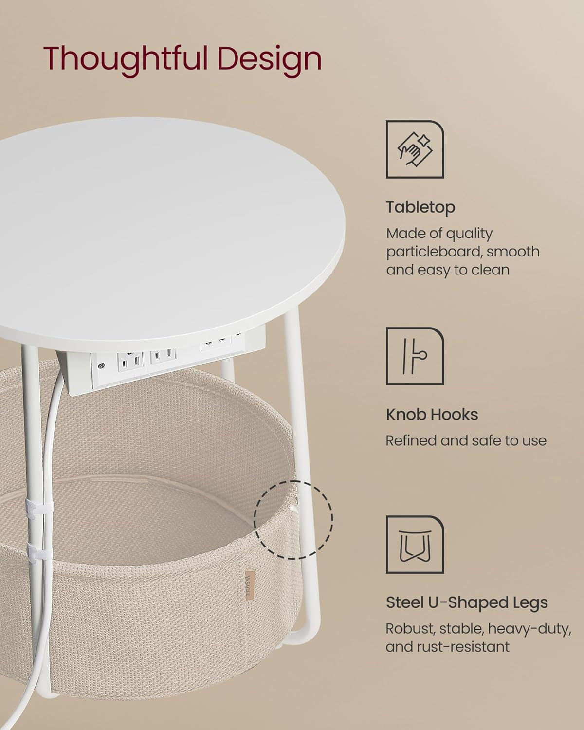 Side Table with Charging Station, round End Table with Fabric Basket, Nightstand with Power Outlets, USB Ports, for Living Room, Bedroom, Modern, Dove Gray and Slate Gray ULET228G01