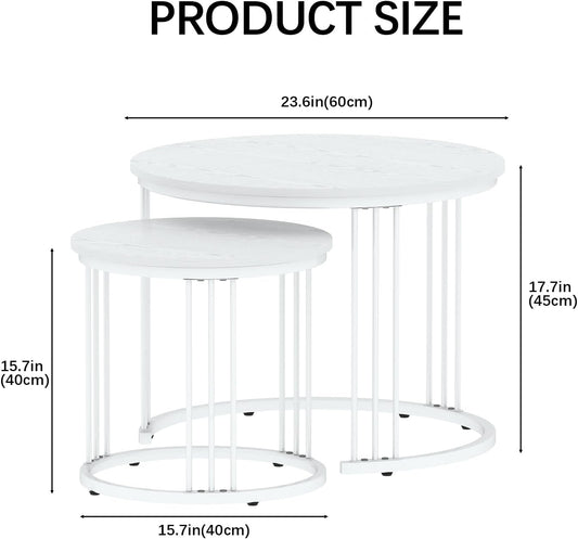 Nesting Coffee Table, 23.6" round Coffee Table Set of 2, Wooden Nesting Table with Metal Frame, Ceter Tables for Living Room Bedroom Balcony, White
