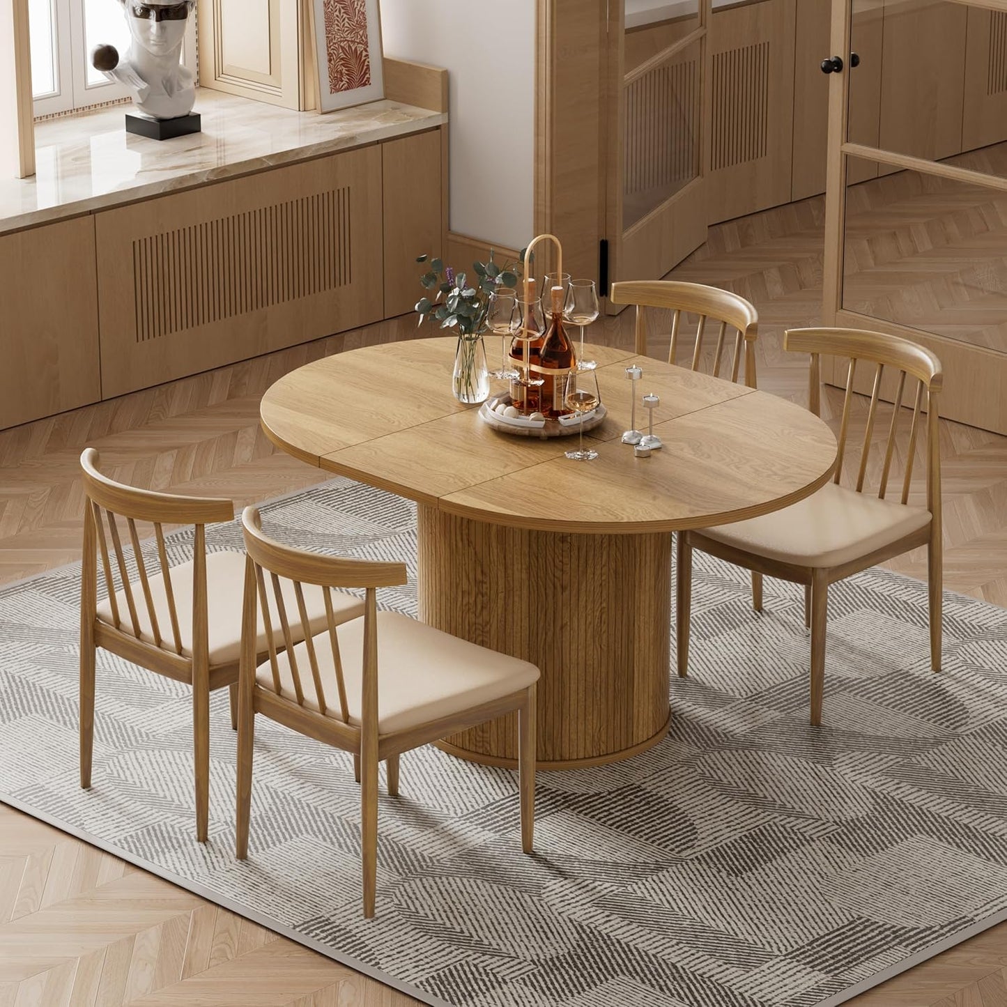 43.3''-59'' Extendable round Dining Table for 4, Modern Farmhouse Expandable Dining Table with Wood Strip Base for Kitchen Living Room,Natural