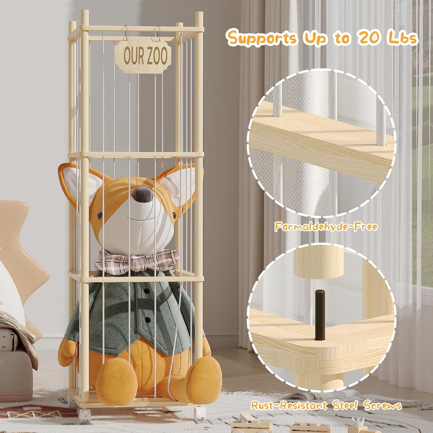 Stuffed Animal Storage & Organizer with Wheels, 225QT Oversize Zoo Toy Holder with Hammock Baby Hanging Storage Net, Giant Plush Toy Organizer for Toddler Rooms,Playroom16.5"L*16.5W*53"H (3-Layers)
