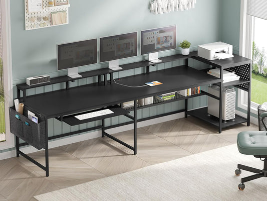 L Shaped Gaming Desk, Reversible Computer Desk, Gaming Desk with Power Outlets & LED Strip, Monitor Shelf, Keyboard Tray, Pegboard and Storage Shelves for Home Office, Black