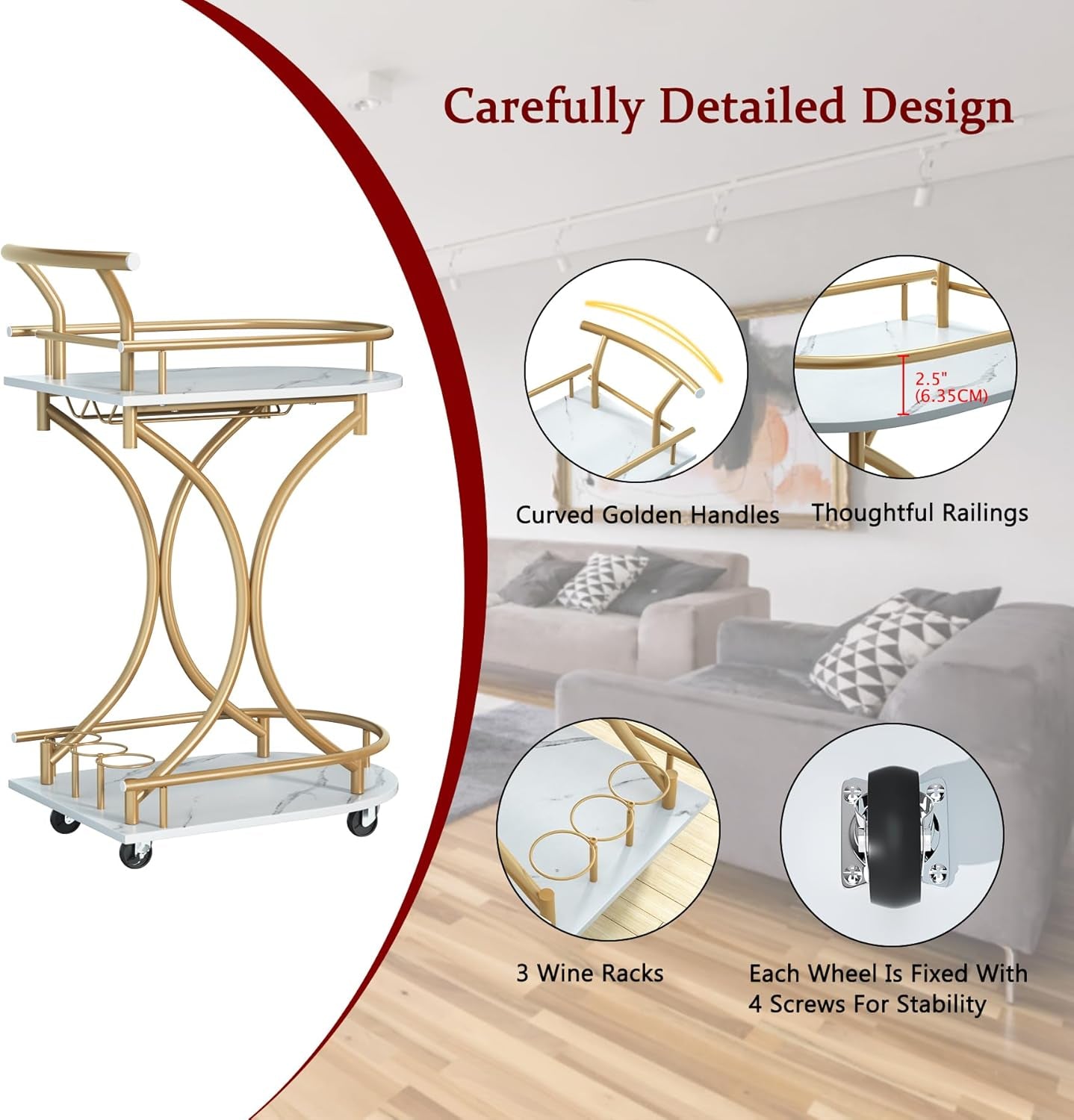 Bar Cart with Wheels Handle Rolling Home Bar Serving Carts 2 Tier Curved Anti-Collision Storage Small Trolley with Wine Rack and Glass Holder for Kitchen Dining Room Living Room Gold