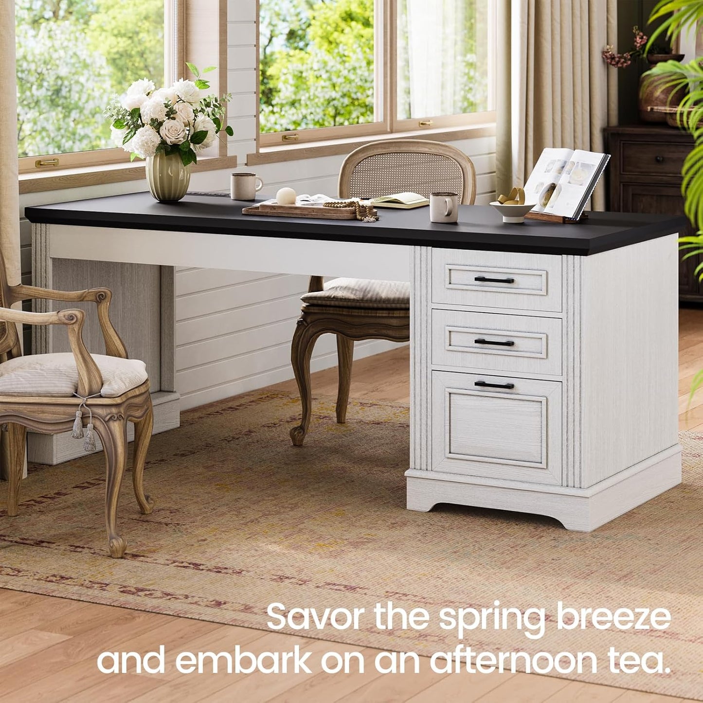 Farmhouse 55" Executive Desk, Computer Desk with Storage Drawers and Power Outlet, Home Office Desk, Workstation for Office Home, White