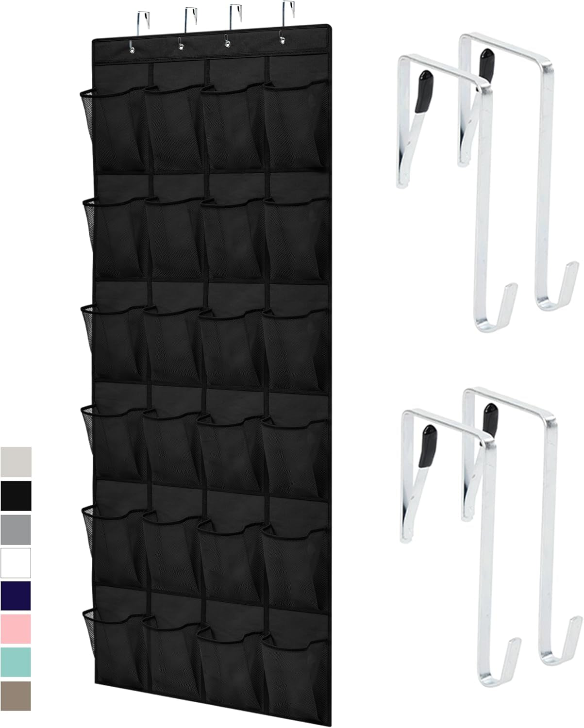over the Door Shoe Organizer, 24 Large Breathable Mesh Pockets, Space Saving Hanging Storage Holder, Closet Rack Hanger Holds up to 40 Lbs, Hangs on Closets for Shoes, Accessories, Black
