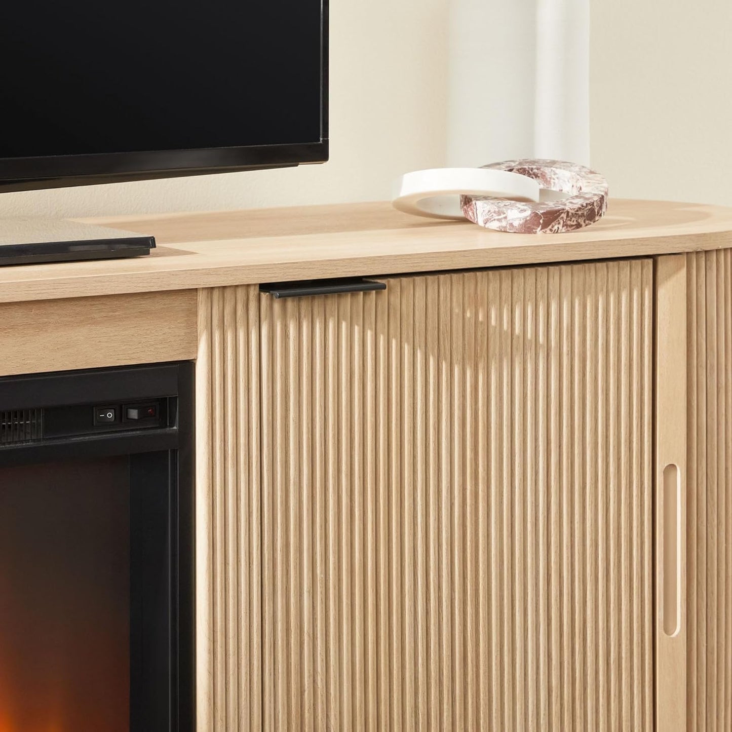 Chloe Reeded TV Stand with Fireplace Insert, 75 Inch, 70 Inch, Coastal Oak