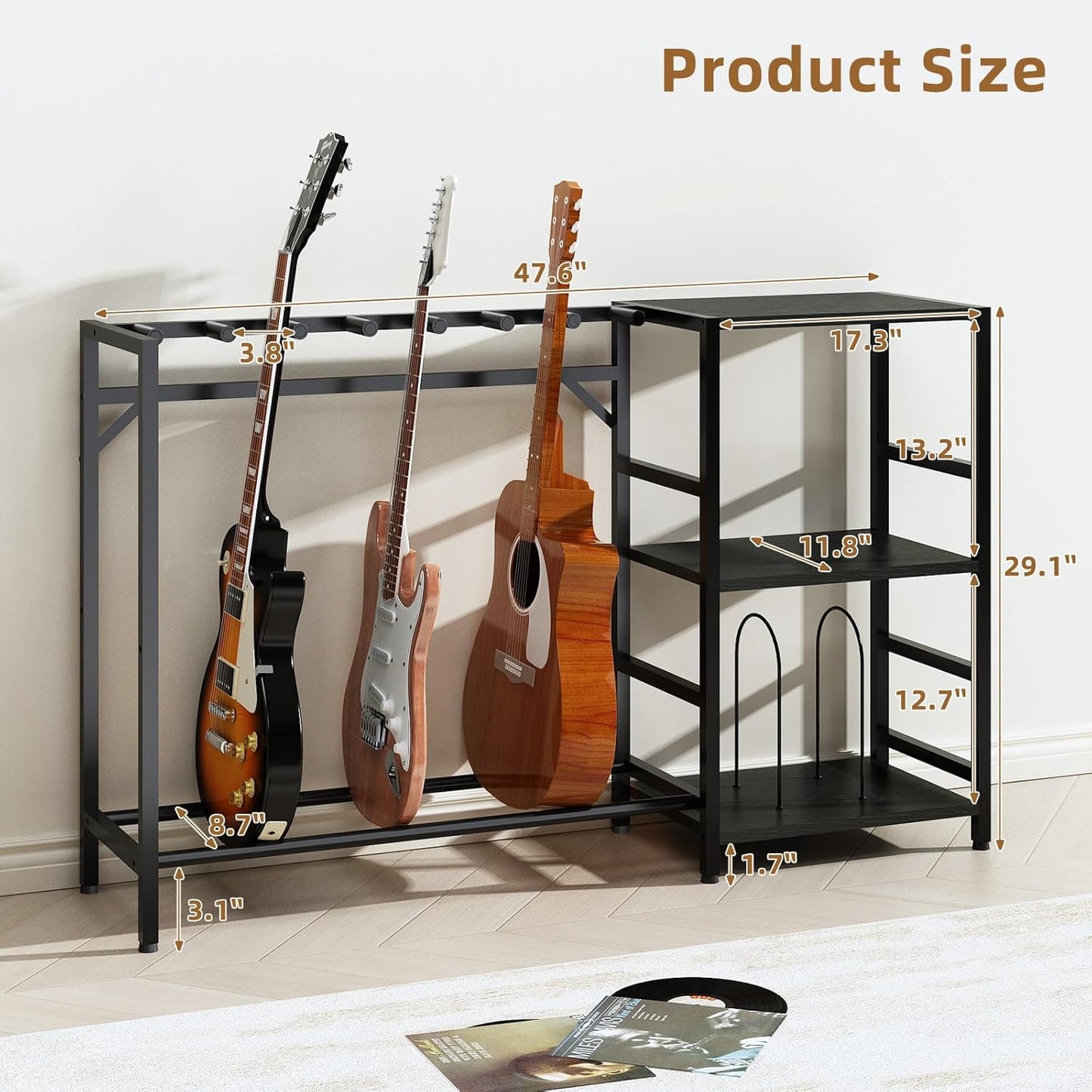 Record Player Stand with Guitar Stand, Record Player Table with Guitar Rack, Guitar Holder 7 Space for Multiple Guitars, Bass, Acoustic, Guitar Display for Home Music Studio, Brown