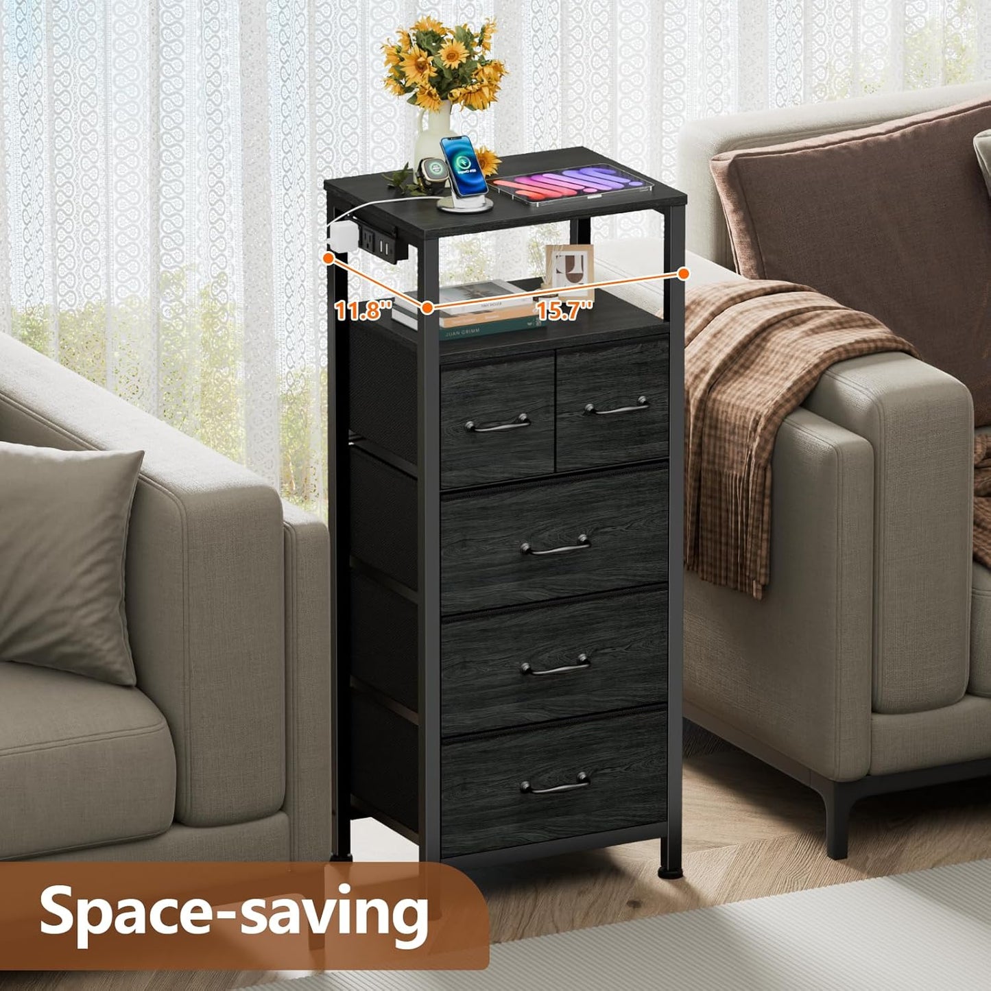 Dresser for Bedroom, Tall Nightstand, Vertical Chest with Wood Top, Charging Station, LED Lights, 5 Fabric Bins, Bedside Table with Shelf, Furniture for Entryway (5 Drawer, Black Oak)