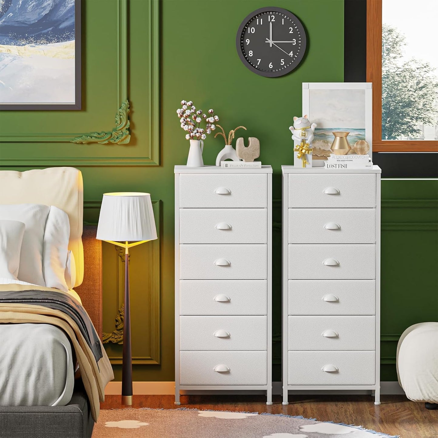 White Tall Dresser for Bedroom,Vertical Storage Tower Unit and End Table with 6 Fabric Drawers, Nightstand Furniture with Drawer Organizer in Living Room,Closet,Entryway,Hallyway