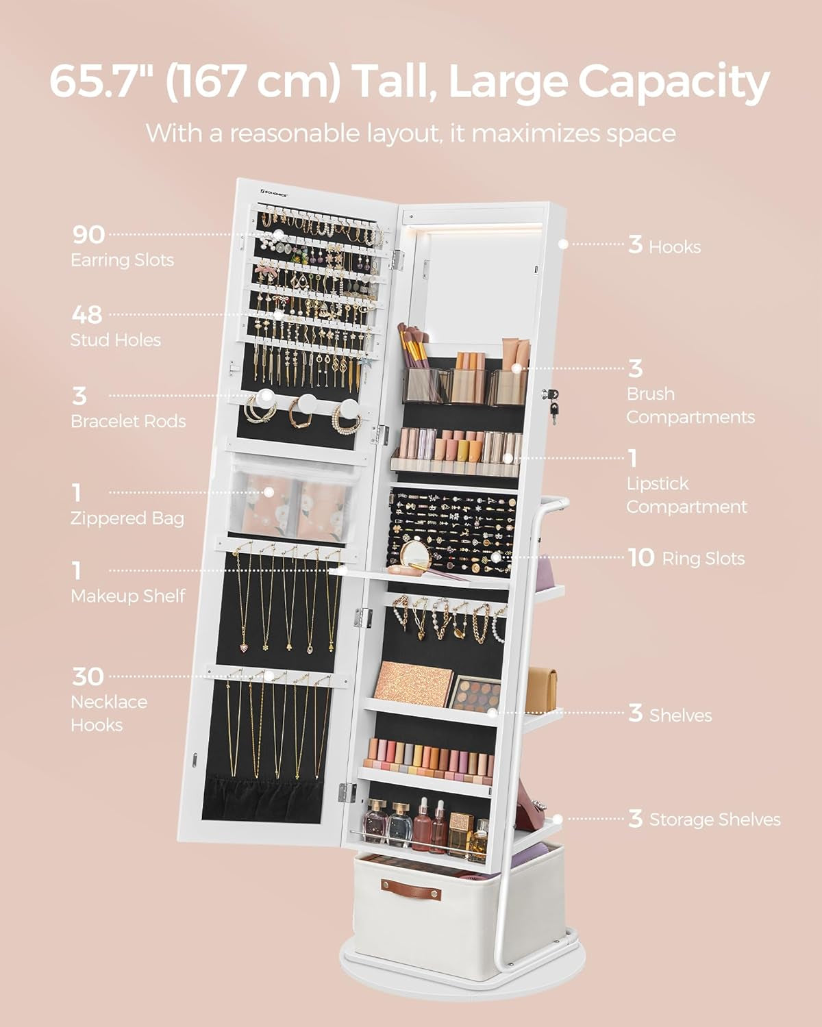 360° Swivel Mirrored Jewelry Cabinet with Lights, Full-Length Mirror with Jewelry Storage, Standing Jewelry Armoire Organizer, with Large Storage Basket, Makeup Shelf, Cloud White UJJC018W01