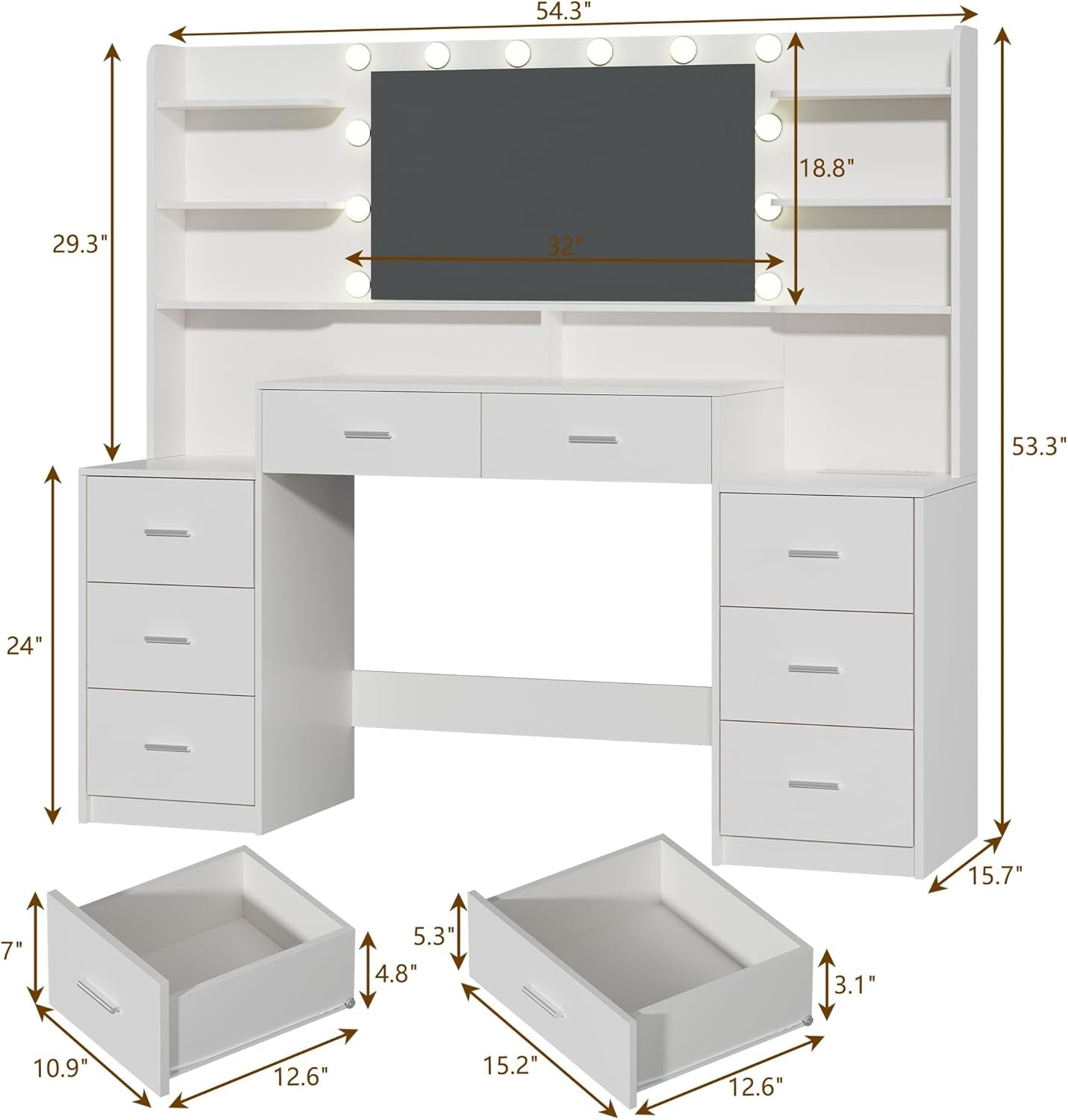 Large Vanity Desk with Mirror & Lights, White Makeup Vanity with 8 Drawers & 6 Storage Shelves, Vanity Set with LED Lights and Power Outlet, 3 Lighting Modes, Adjustable Brightness