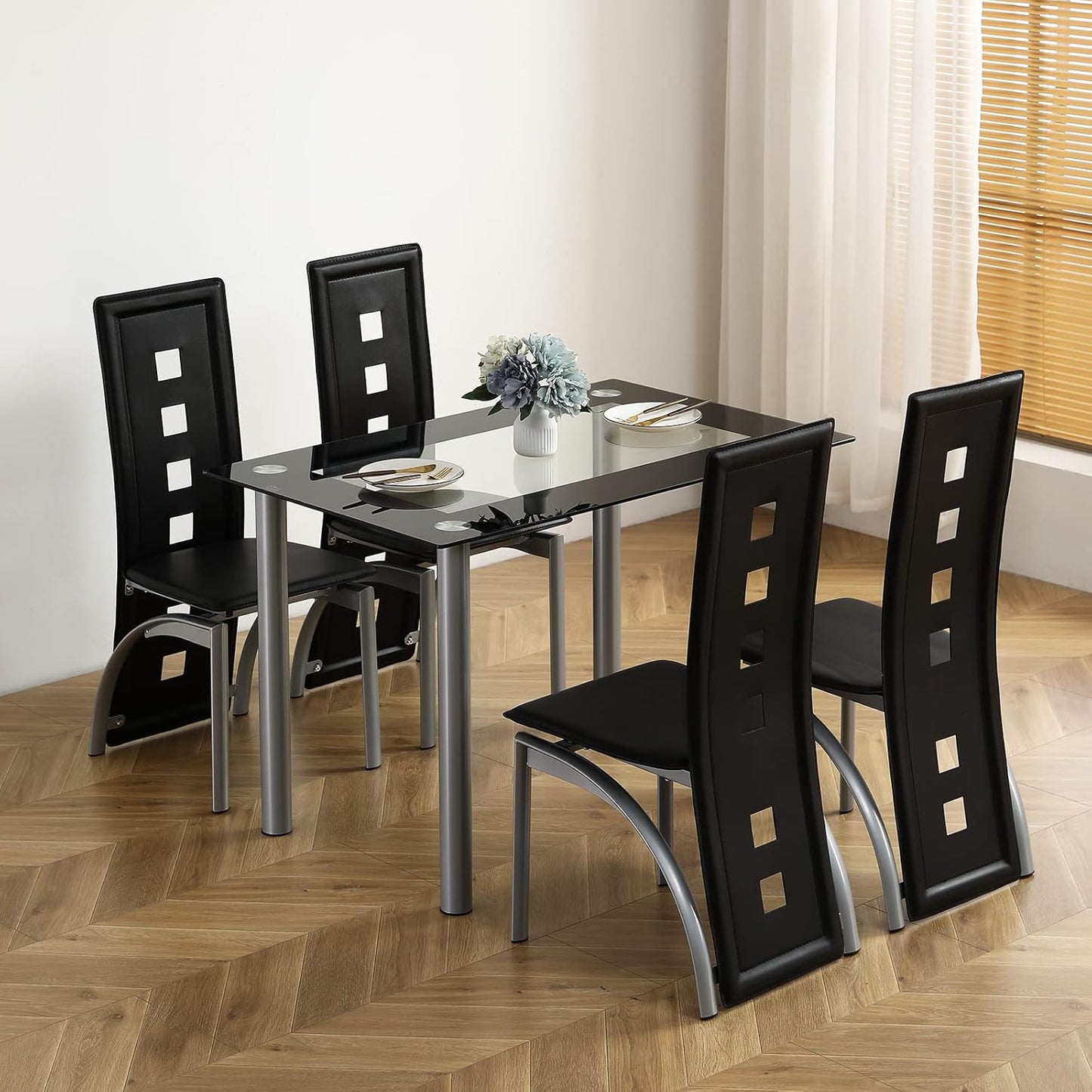 5-Piece Dining Table Set with 1 Glass Dining Table and 4 PVC Chairs, Modern Dining Table Set for Kitchen & Breakfast Dining Living Room, Space Saving