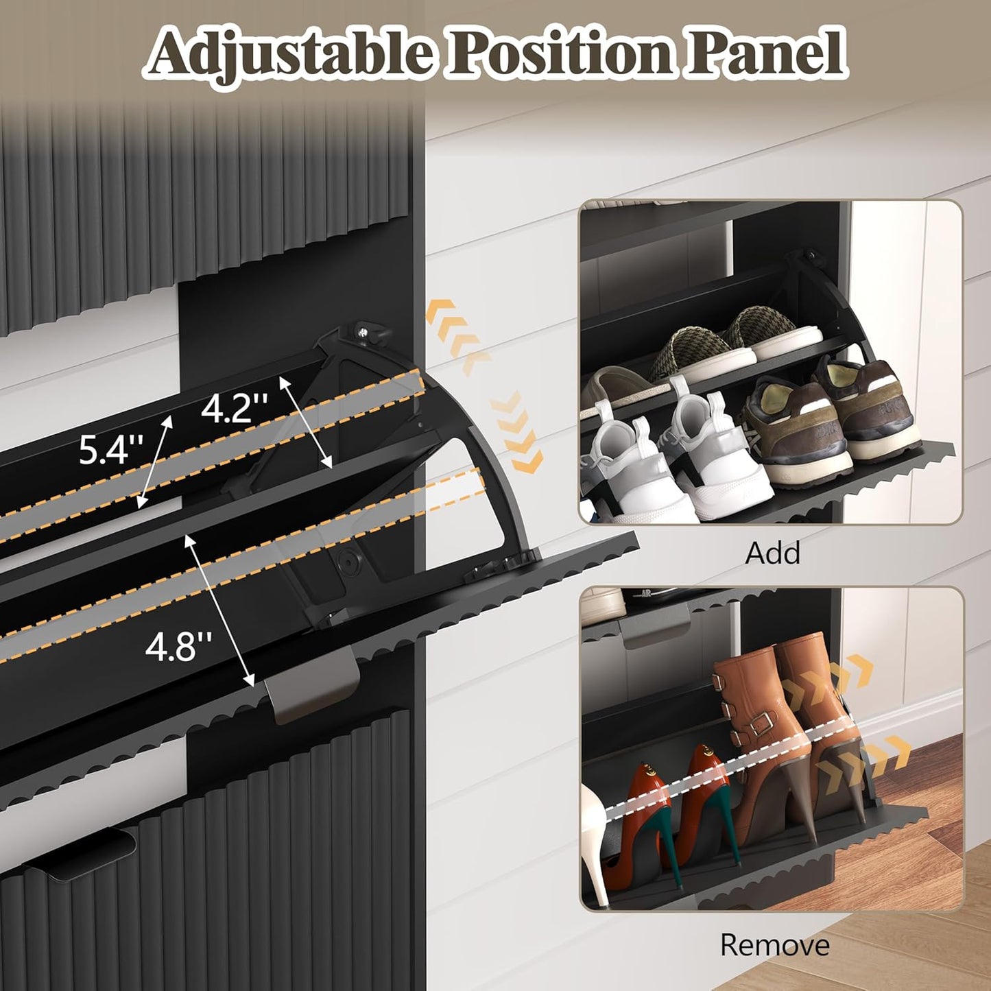 Shoe Cabinet Storage for Entryway with 2 Flip Drawers, Fluted Narrow Shoe Organizer with Wooden Legs, Freestanding Slim Shoe Storage Hidden Shoe Rack Organizer for Front Door Entrance, Black