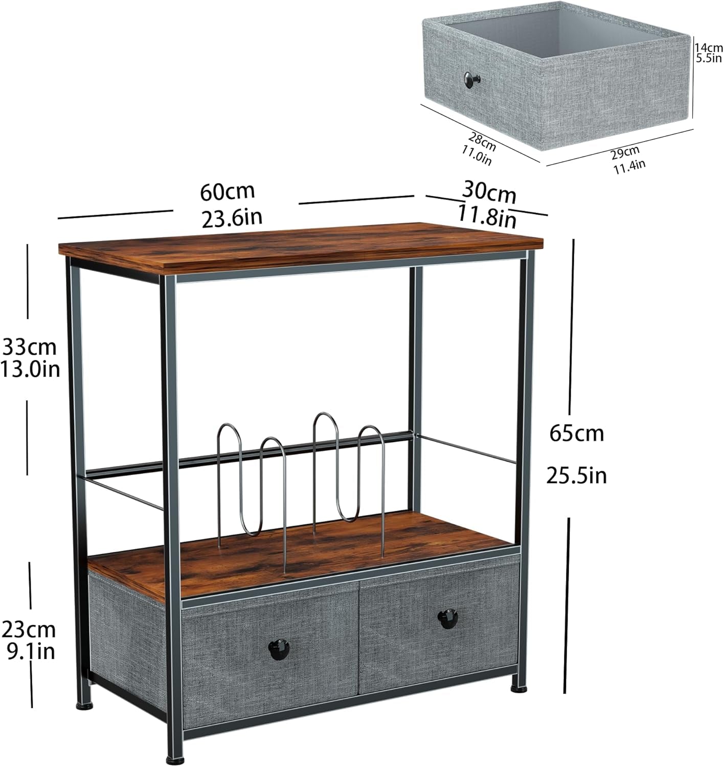 Record Player Stand with Vinyl Storage, 2-Tier Record Shelf Table with Fabric Drawer, Holds up to 110 Vinyl Records, Record Player Table for Turntable and Albums, 23.62"D × 11.81" W× 25.59"H