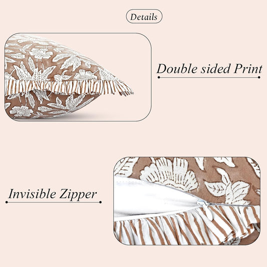Block Print Oak Brown 36"X14" Set 1-100% Cotton Ruffle Lumbar Sham Cover Boho Floral Pillowcase, Farmhouse Cottagecore Bedding, Soft Decorative Cover Gift for Spring, Easter, Valentine