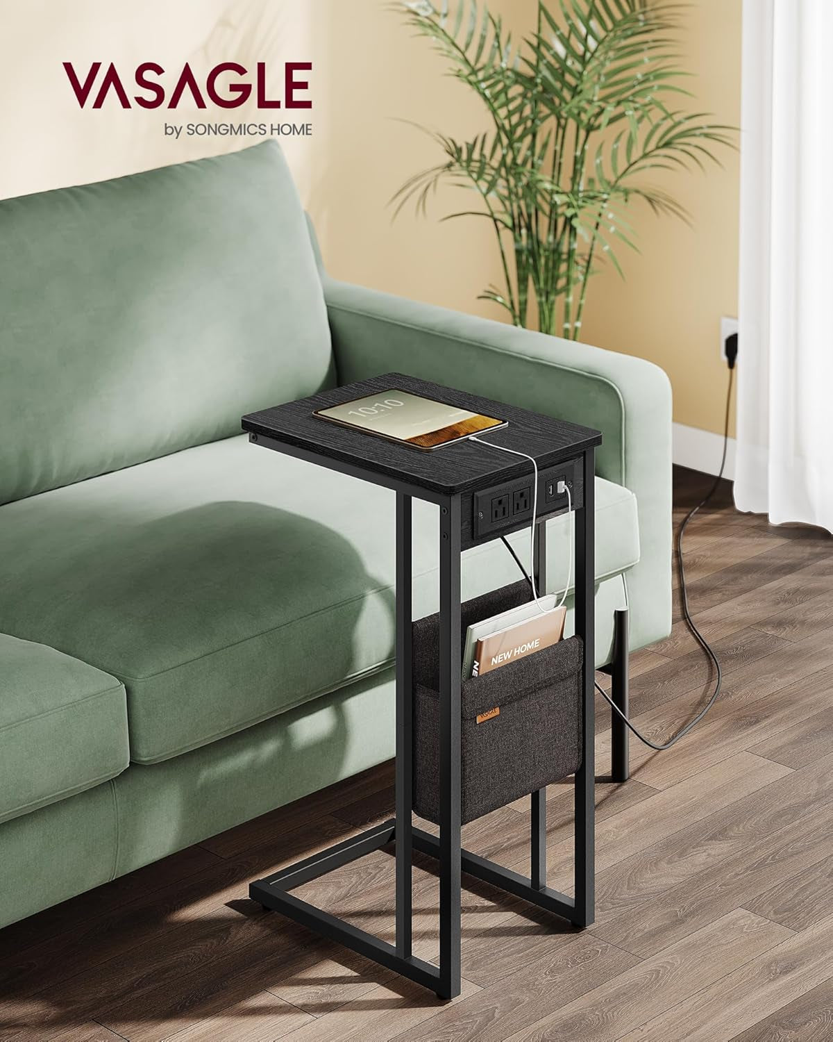 C-Shaped Side Table, End Table with Charging Station, 2 USB Ports and Outlets, C Table for Couch, Sofa, with Storage Bag, Adjustable Feet, for Bedroom, Living Room, Ebony Black ULET356B01