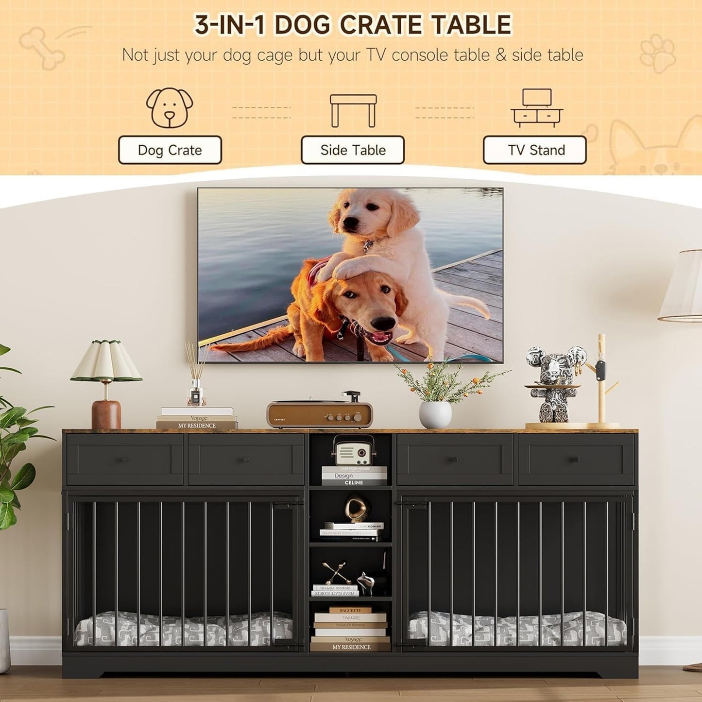 82" Large Dog Crate Furniture for 2 Dogs, Double Dog Crate with 4 Drawers and 4 Shelves, Wooden Dogs Kennel Furniture Large Breed, Indoor Pet Cage TV Stand with Divider, Black