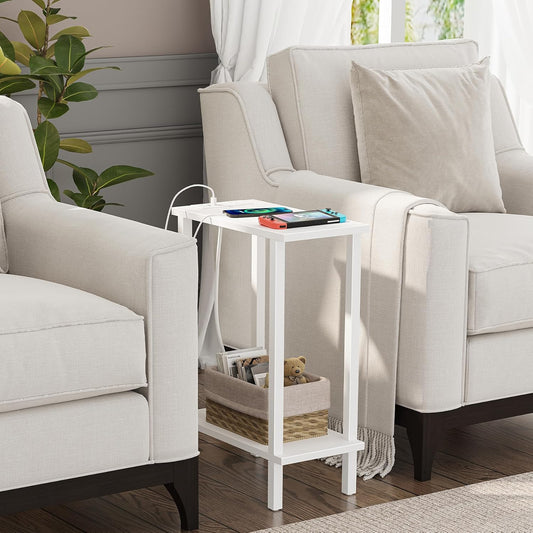 Small End Table with Charging Station, Narrow Side Table with USB Ports and Outlets, Skinny Sofa Table, Slim Nightstand, Living Room, Bed Room, White TB01BW060