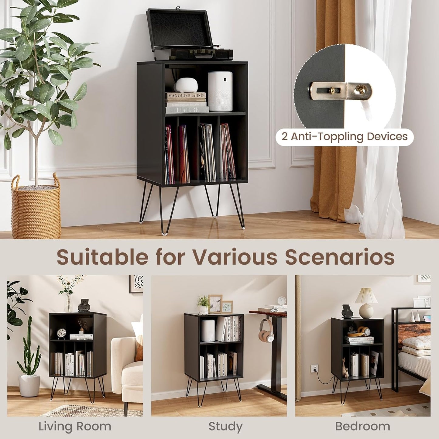 Black record player stand with charging station and metal legs, view 9