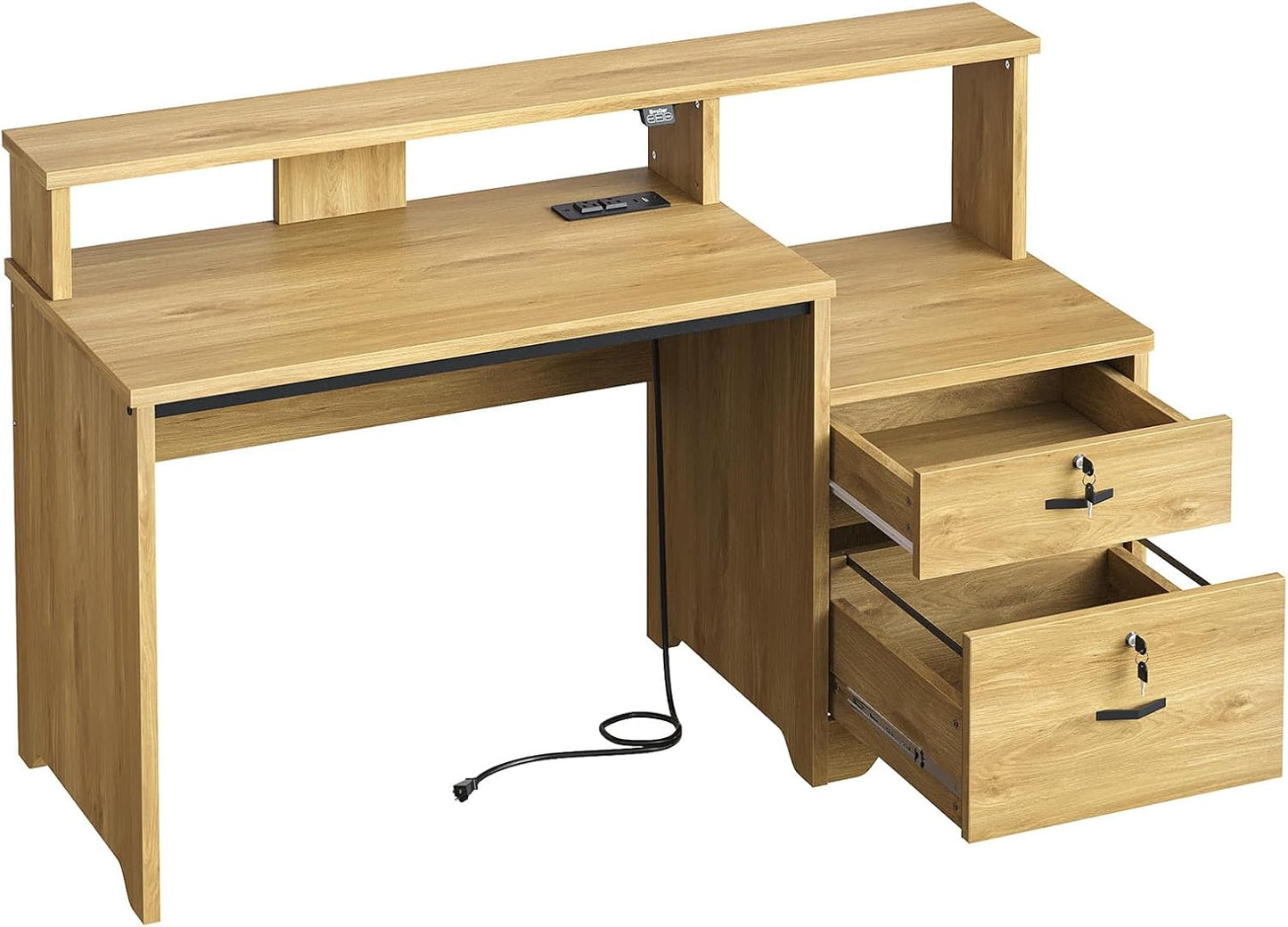 Natural oak computer desk with power outlets, LED lights and file drawer, view 9
