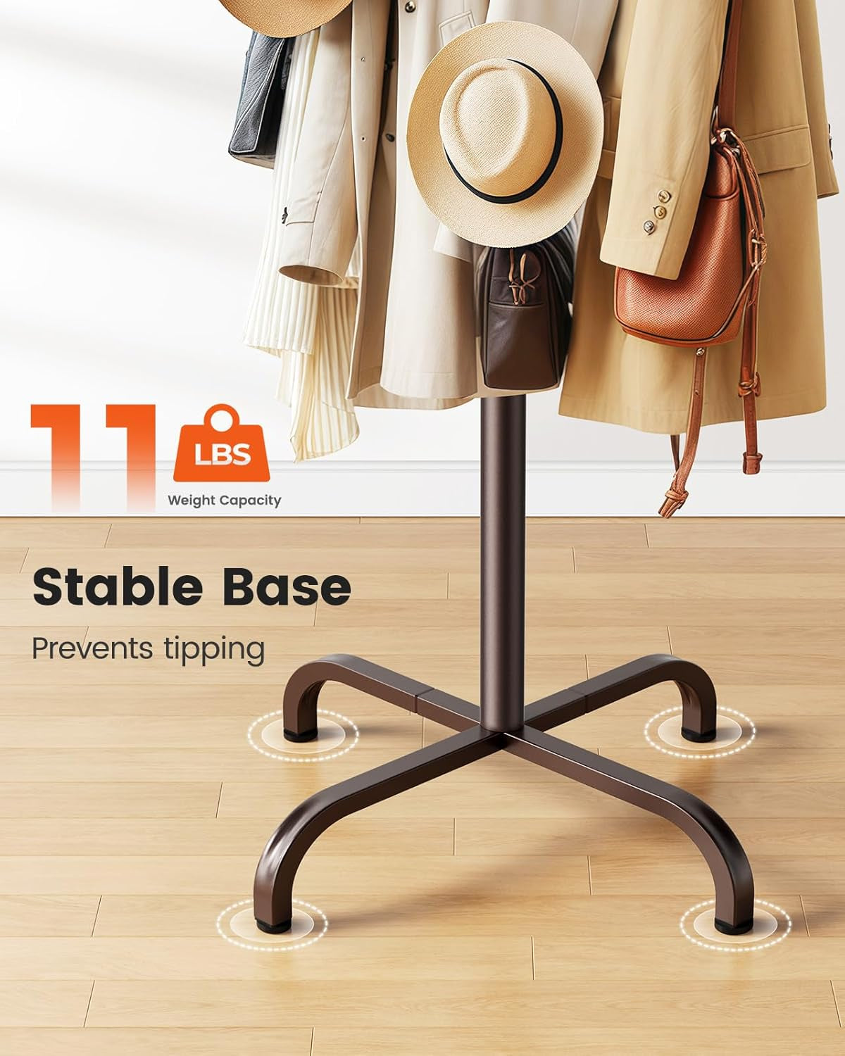 Coat Rack with 14 Hooks, Freestanding Coat Rack Stand for Entryway, Hallway, Bedroom, and Office, Metal Coat Tree & Hat Rack for Coats, Hats, and Bags, Brown