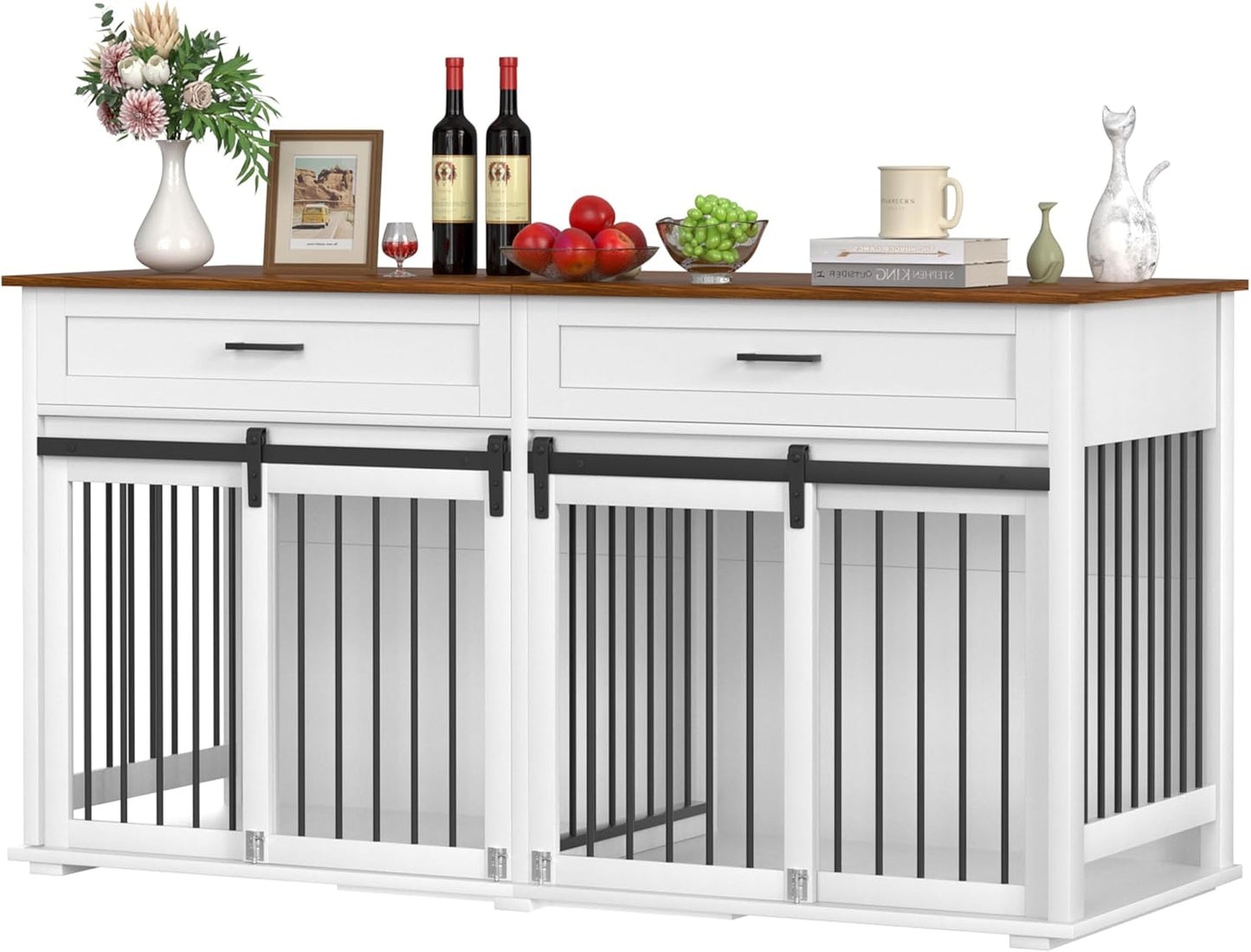 63" L X 24" W X 33" H Double Wooden Dog Cage Table with 2 Large Drawers & Safety Locks, Large Dog Crate Furniture for 2 Dogs with Removable Divider, Decorative Indoor Dog Kennel Furniture