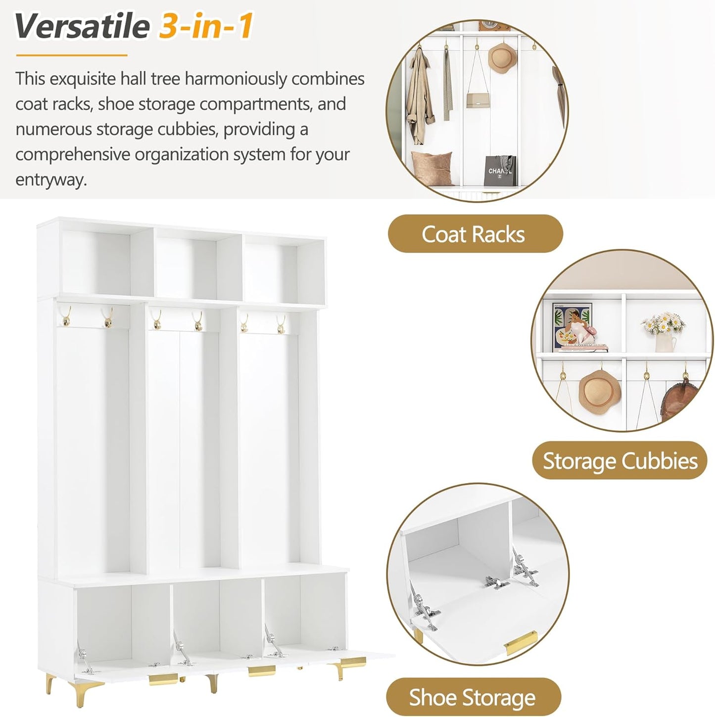 49.6" Hall Tree with Bench and Shoe Storage,Modern Entryway Cabinet with High Gloss Fluted Doors & Open Shelves,5-In-1 Coat Rack W/ 6 Gold Hooks and Legs for Hallway,White