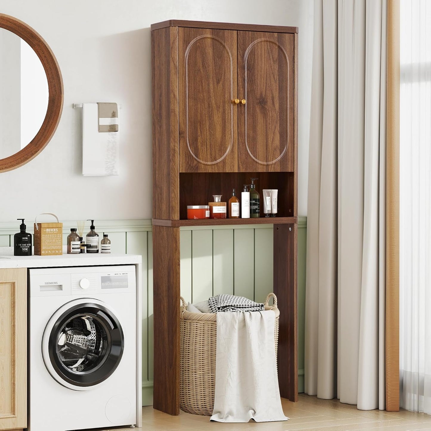 Fluted over the Toilet Storage Cabinet, Bathroom Toilet Storage Cabinet with Door, Wood Curved over the Toilet Space Saver Cabinets for Restroom Bathroom, Natural