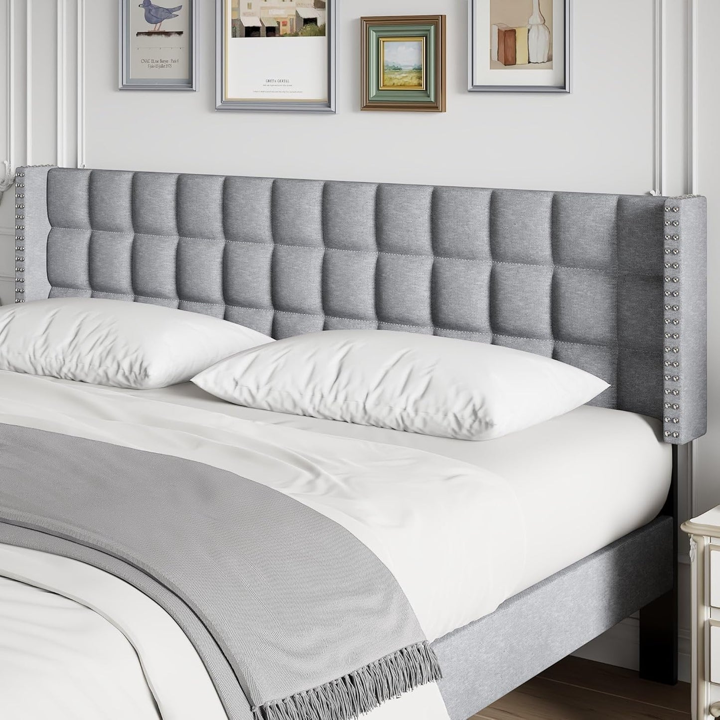 Headboard King Size, Linen Upholstered Headboards Only with Nailhead Trim Wingback, Square Stitched Design, Adjustable Height from 40" to 49.8", Light Grey